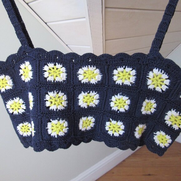 BP. Daisy Crochet Tank Top XS Navy Yellow White - Picture 7 of 10